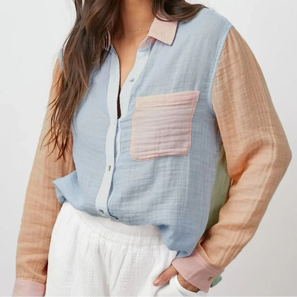 Rails Ellis Bermuda Color Block Button Front Shirt Top Organic Cotton Size M - Picture 1 of 15